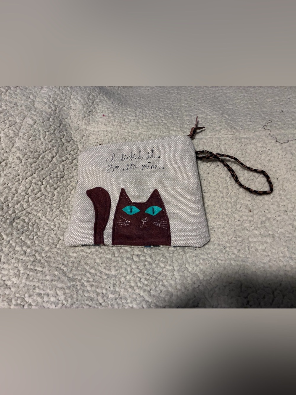 Homemade Cat Design Small Wristlet pouch in Cream and Brown, quirky saying